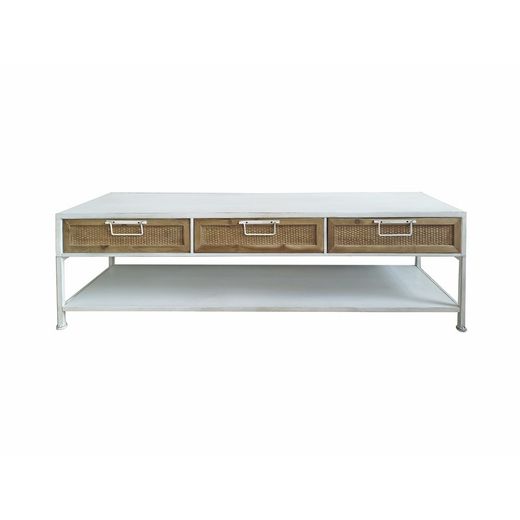 Meuble TV blanc/bois naturel avec 3 tiroirs Yume, 140x38x40 cm