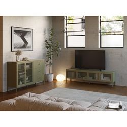 TV-meubel met 4 metalen deuren in groen, 160 x 35 x 50 cm | Fayna