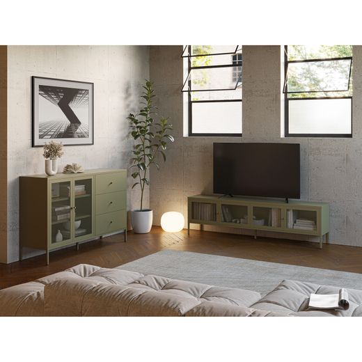 TV-meubel met 4 metalen deuren in groen, 160 x 35 x 50 cm | Fayna