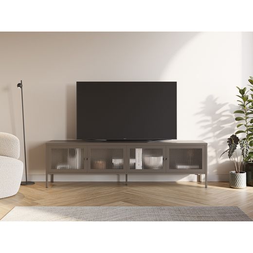 TV unit with 4 metal and tempered glass doors in mocha, 160 x 35 x 50 cm | Layna