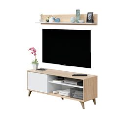 TV unit with shelf in natural/white wood, 35x40x50 cm | KIKUA