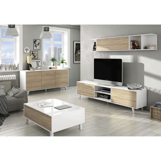 Tv-meubel met hangende plank in glanzend wit en eiken kleur, 180 x 41 x 51 cm
