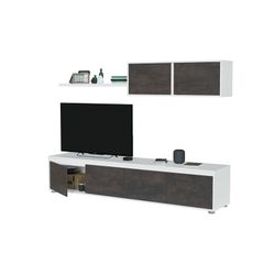 TV cabinet with hanging shelf in glossy white and rust, 200 x 41 x 43 cm