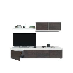 TV cabinet with hanging shelf in glossy white and rust, 200 x 41 x 43 cm
