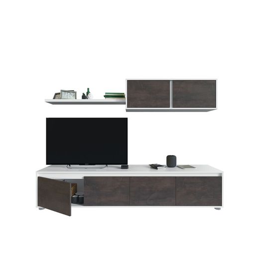TV cabinet with hanging shelf in glossy white and rust, 200 x 41 x 43 cm