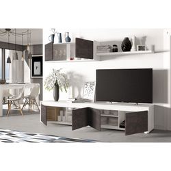 TV cabinet with hanging shelf in glossy white and rust, 200 x 41 x 43 cm