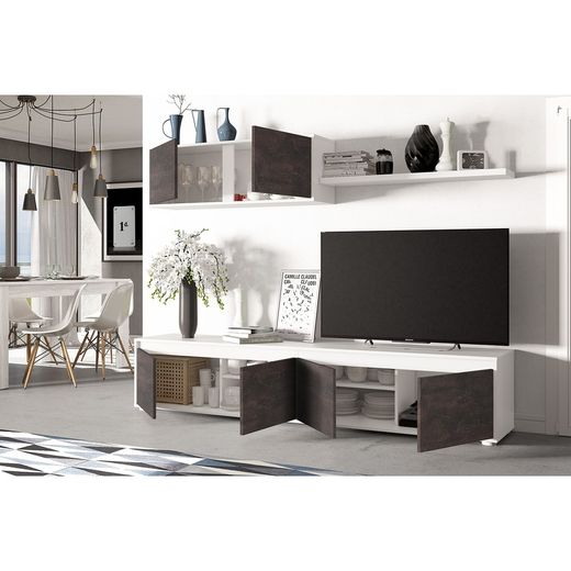 TV cabinet with hanging shelf in glossy white and rust, 200 x 41 x 43 cm