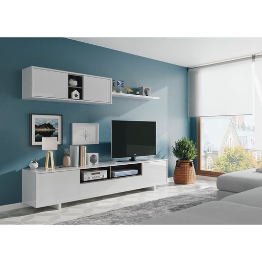 Glanzend wit tv-meubel met hangplank, 200 x 41 x 46 cm