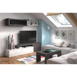 TV-enhet med hängande hylla i blank vit och askgrå, 200 x 41 x 44 cm