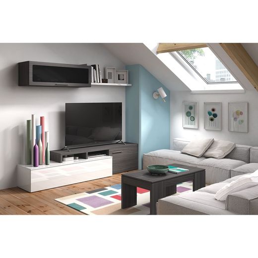 TV-enhet med hängande hylla i blank vit och askgrå, 200 x 41 x 44 cm