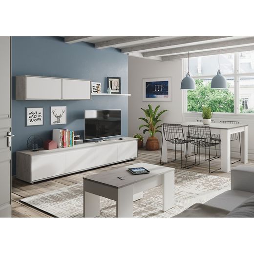 Móvel para TV com prateleira para pendurar em branco e concreto, 200 x 41 x 43 cm