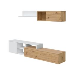 Móvel de TV com módulo superior em madeira natural/branca, 221x40x44 cm | JÚLIA