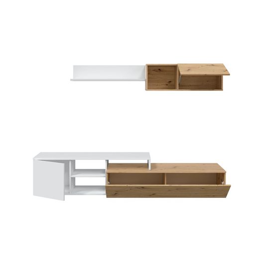 Tv cabinet with top module in natural/white wood, 221x40x44 cm | JULIA