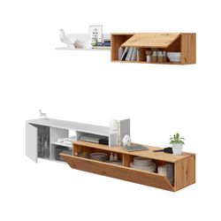 Tv cabinet with top module in natural/white wood, 221x40x44 cm | JULIA
