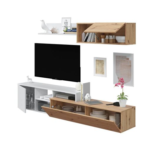 Tv cabinet with top module in natural/white wood, 221x40x44 cm | JULIA