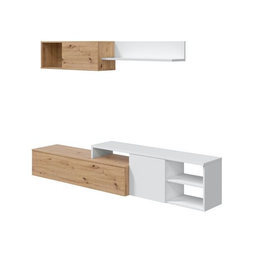 Tv cabinet with top module in natural/white wood, 221x40x44 cm | JULIA