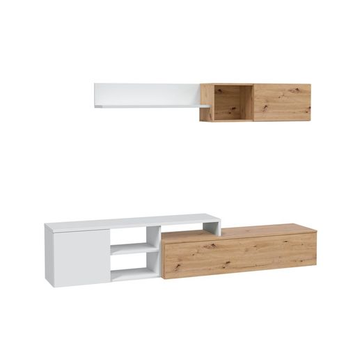Tv cabinet with top module in natural/white wood, 221x40x44 cm | JULIA