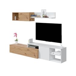 Tv cabinet with top module in natural/white wood, 221x40x44 cm | JULIA