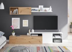 Tv cabinet with top module in natural/white wood, 221x40x44 cm | JULIA