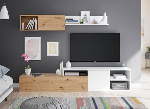 Tv cabinet with top module in natural/white wood, 221x40x44 cm | JULIA
