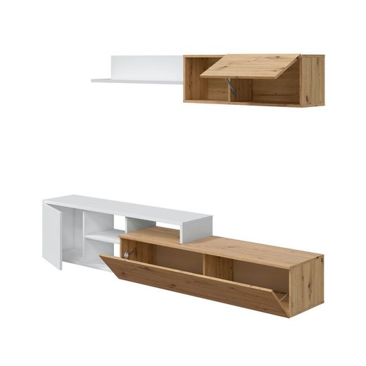 Tv cabinet with top module in natural/white wood, 221x40x44 cm | JULIA