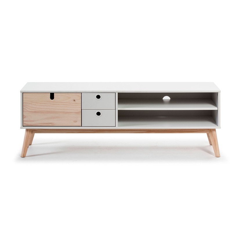 Mueble TV 140 en madera reciclada blanca de estilo natural Evan