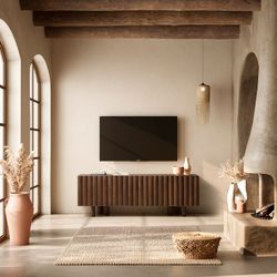 Mango wood TV stand in walnut color, 160 x 40 x 55 cm | Tamira