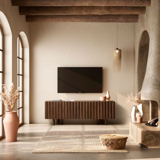 Mango wood TV stand in walnut color, 160 x 40 x 55 cm | Tamira