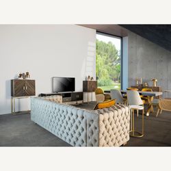 Mangohout en ijzer TV-meubel in bruin en goud, 200 x 45 x 66 cm | Kraj