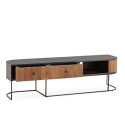 Szafka RTV z drewna mango i metalu w kolorze dębu i czerni, 160 x 40 x 45 cm | Curve