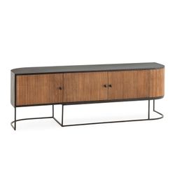 Mango wood and metal TV unit in oak and black, 160 x 40 x 55 cm | Curve