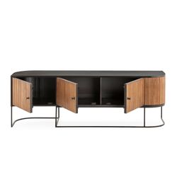 Mango wood and metal TV unit in oak and black, 160 x 40 x 55 cm | Curve