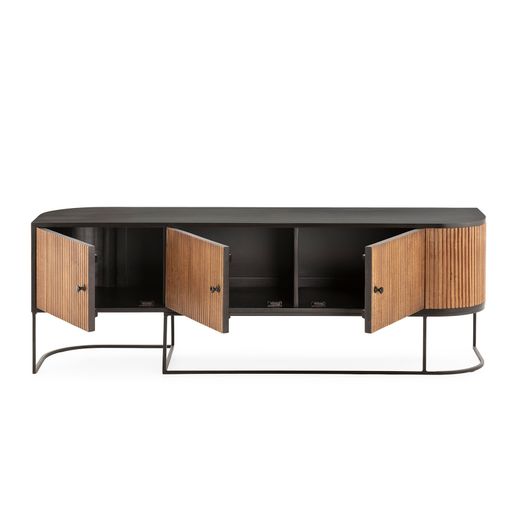 Mango wood and metal TV unit in oak and black, 160 x 40 x 55 cm | Curve