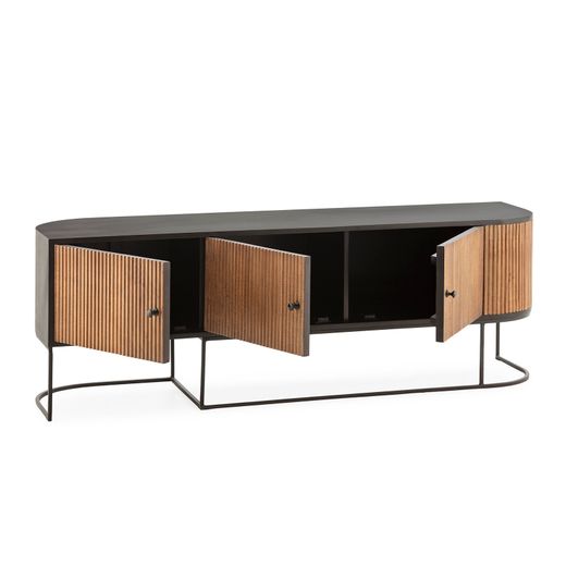 Mango wood and metal TV unit in oak and black, 160 x 40 x 55 cm | Curve