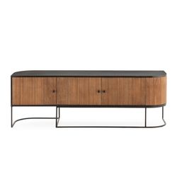Mango wood and metal TV unit in oak and black, 160 x 40 x 55 cm | Curve