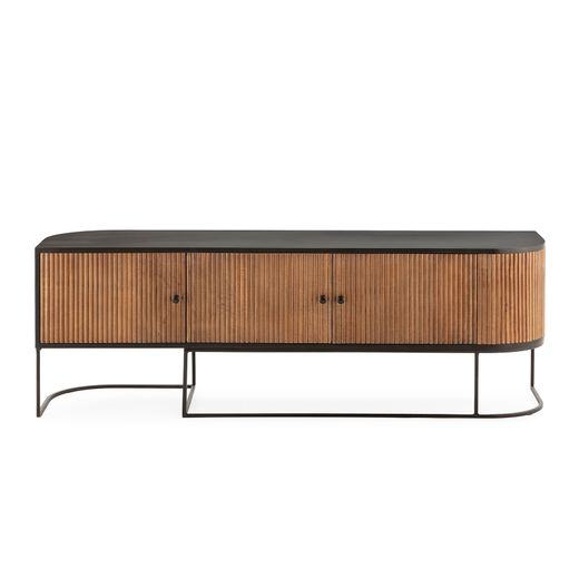 Mango wood and metal TV unit in oak and black, 160 x 40 x 55 cm | Curve
