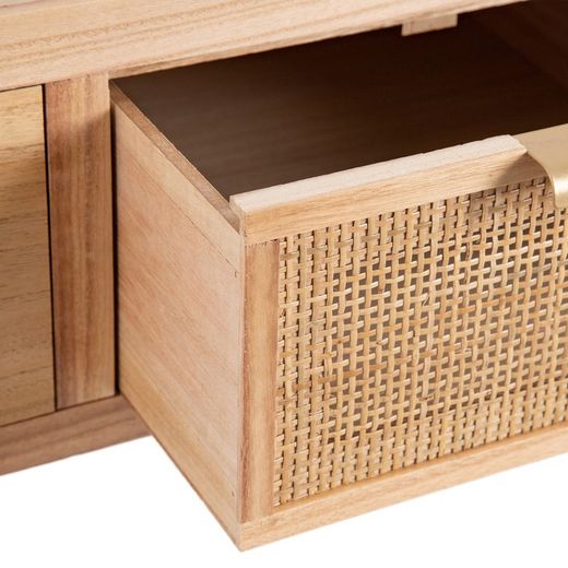 Meuble TV en bois de paulownia naturel et rotin, 110 x 50 x 45 cm | Chéri