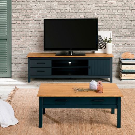 Conjunto de salón compuesto por mueble TV, aparador de 150 cm y mesa de centro en color azul | Miranda