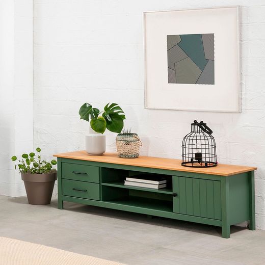Conjunto de salón compuesto por mueble TV, aparador de 150 cm y mesa de centro en color verde | Miranda