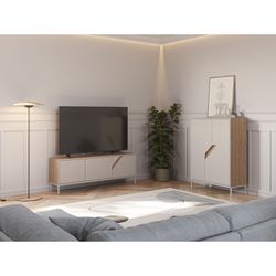 TV stand in cream and oak wood, 150 x 35 x 55 cm | Lilou