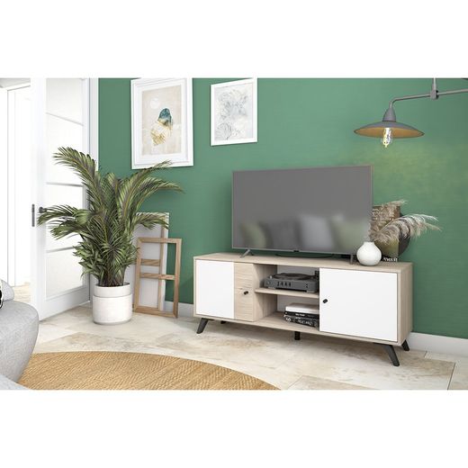 Meuble TV en bois naturel et blanc, 136,3 x 40 x 53,1 cm | Sahara