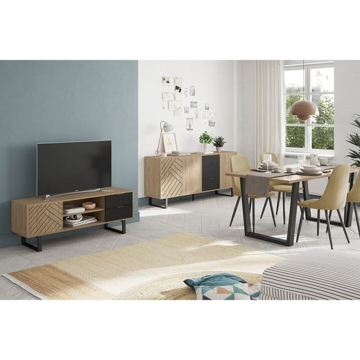 Meuble TV en bois naturel et noir, 140 x 40 x 51,5 cm | Madone