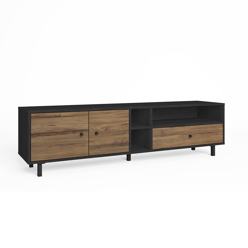 Mueble TV de madera en negro y natural, 180 x 40 x 46,7 cm