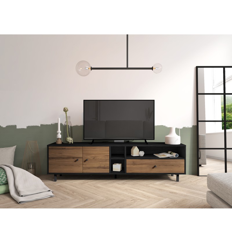 Mueble TV de madera en negro y natural, 180 x 40 x 46,7 cm