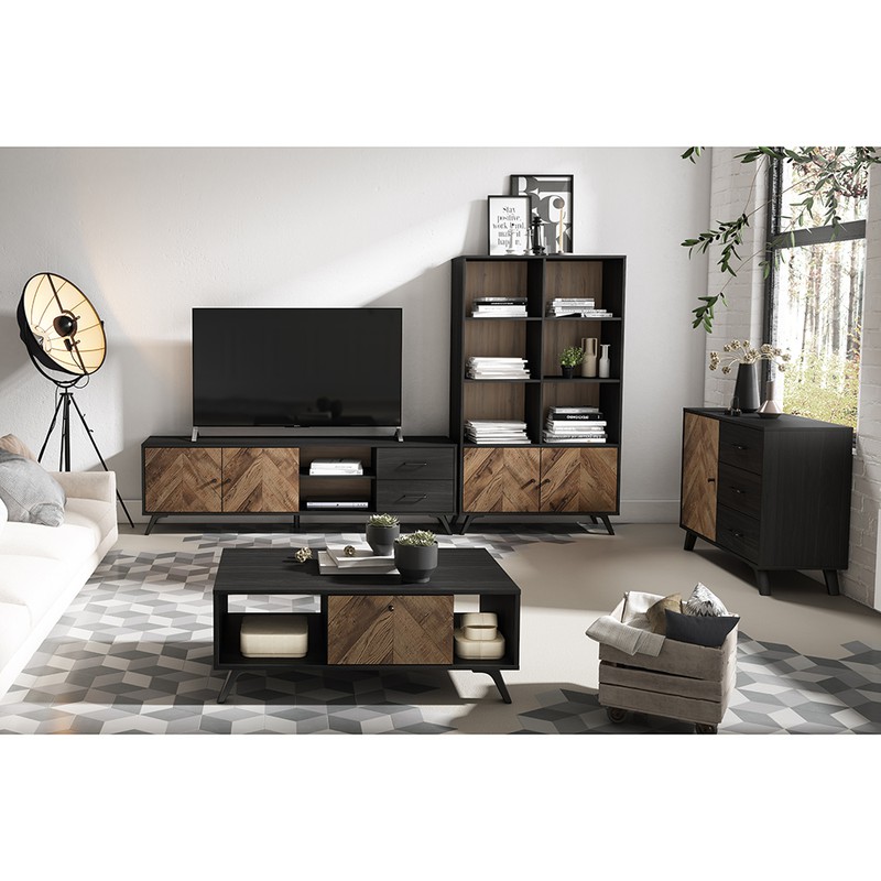 Mueble TV de madera en negro y natural, 180,5 x 40 x 53 cm