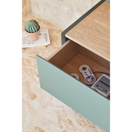 Wooden TV stand in light green and oak, 180 x 40 x 45 cm | Arista