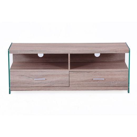 TV cabinet in wood and natural/transparent glass, 121 x 39 x 44 cm | Evan