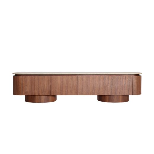 Mueble TV de madera y mármol sintético en marrón y beige, 200 x 41 x 45 cm | Dune