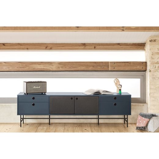 Dark blue and black wood and metal TV stand, 180 x 40 x 52 cm | Punto