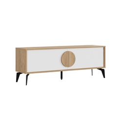 TV cabinet made of wood and metal in white and oak colour, 140 x 35 x 51 cm | Vae